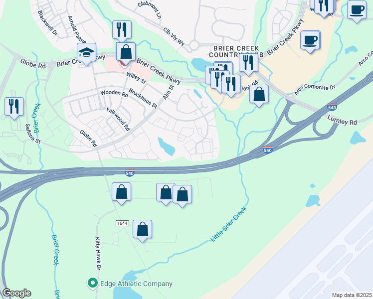 map of restaurants, bars, coffee shops, grocery stores, and more near 9930 Pineville Road in Raleigh