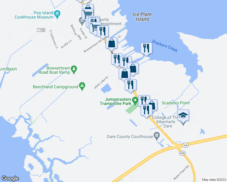 map of restaurants, bars, coffee shops, grocery stores, and more near 684 Vista Lake Drive in Manteo