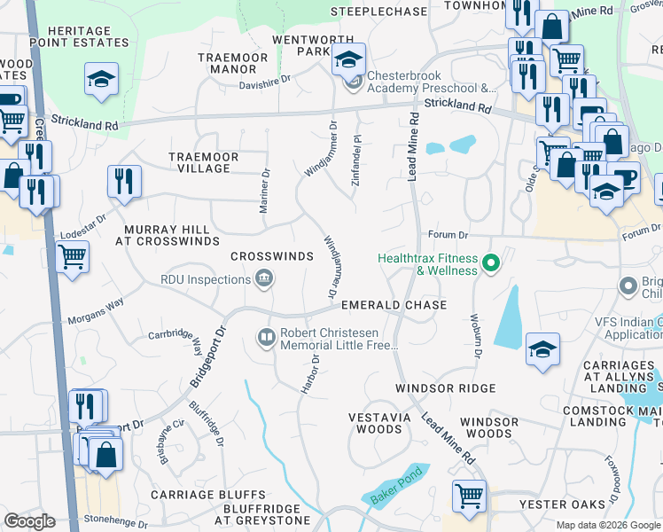 map of restaurants, bars, coffee shops, grocery stores, and more near 8615 Windjammer Drive in Raleigh