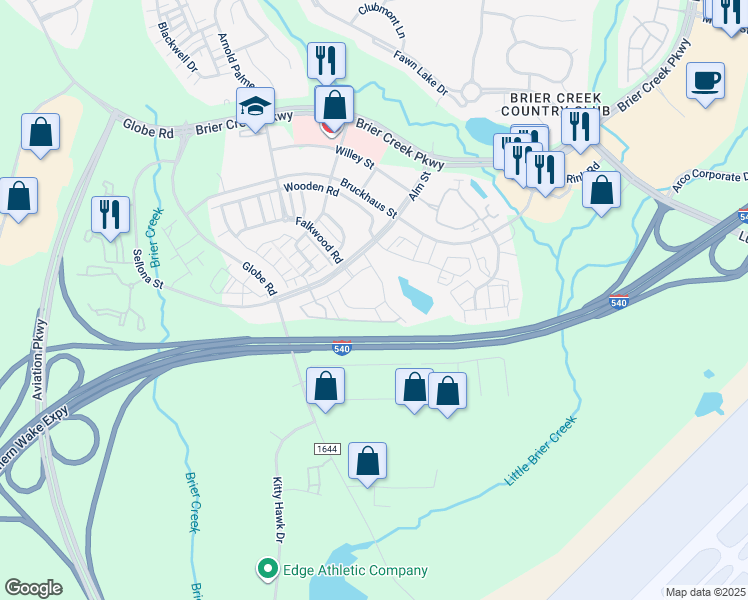map of restaurants, bars, coffee shops, grocery stores, and more near 10200 Crichton Street in Raleigh