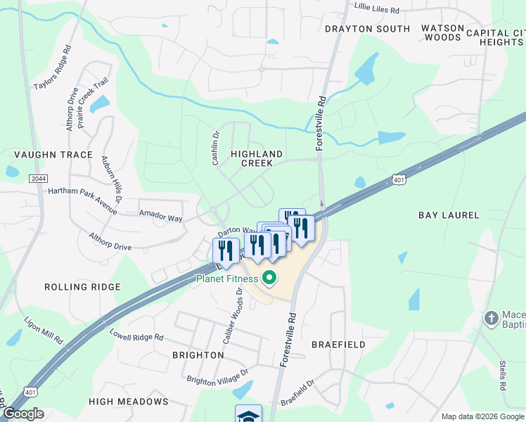 map of restaurants, bars, coffee shops, grocery stores, and more near 2838 Casona Way in Raleigh
