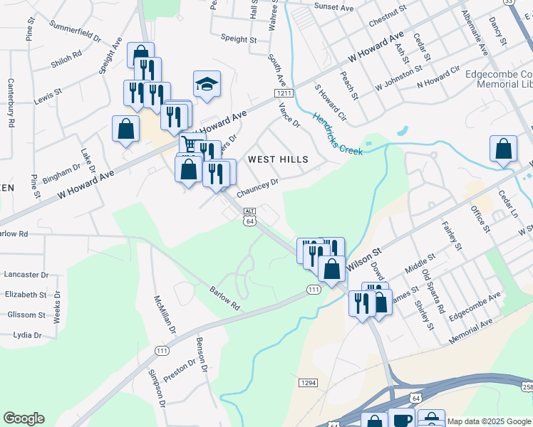 map of restaurants, bars, coffee shops, grocery stores, and more near 911 Western Boulevard in Tarboro