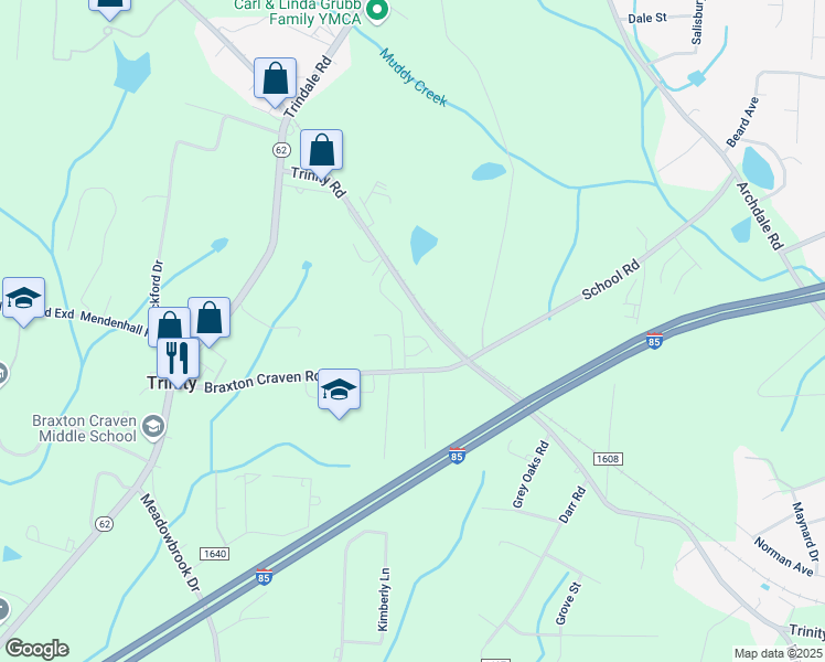 map of restaurants, bars, coffee shops, grocery stores, and more near 5386 Braxton Craven Road in Trinity