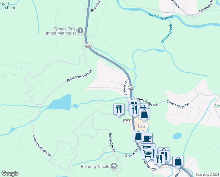 map of restaurants, bars, coffee shops, grocery stores, and more near 263 Fairway Lane in Spruce Pine