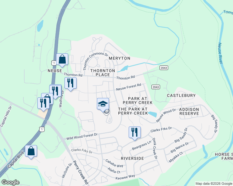map of restaurants, bars, coffee shops, grocery stores, and more near 106 Neuse Commons Lane in Raleigh