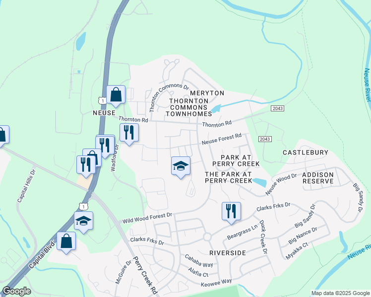 map of restaurants, bars, coffee shops, grocery stores, and more near 5111 Neuse Commons Lane in Raleigh