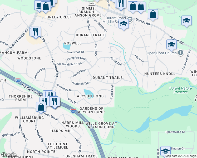 map of restaurants, bars, coffee shops, grocery stores, and more near 2804 Paddle Place in Raleigh