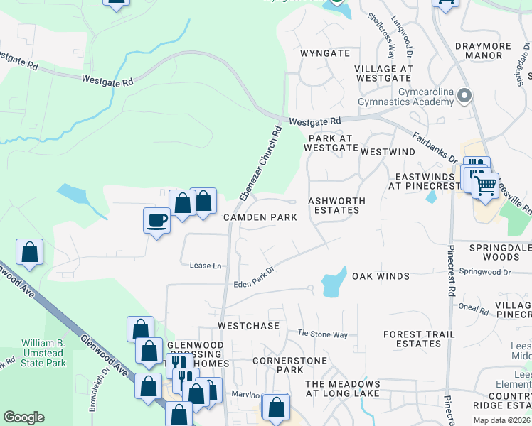 map of restaurants, bars, coffee shops, grocery stores, and more near 8930 Camden Park Drive in Raleigh