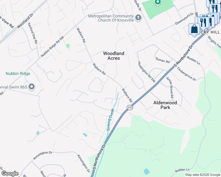 map of restaurants, bars, coffee shops, grocery stores, and more near 1227 Wallace Road in Knoxville