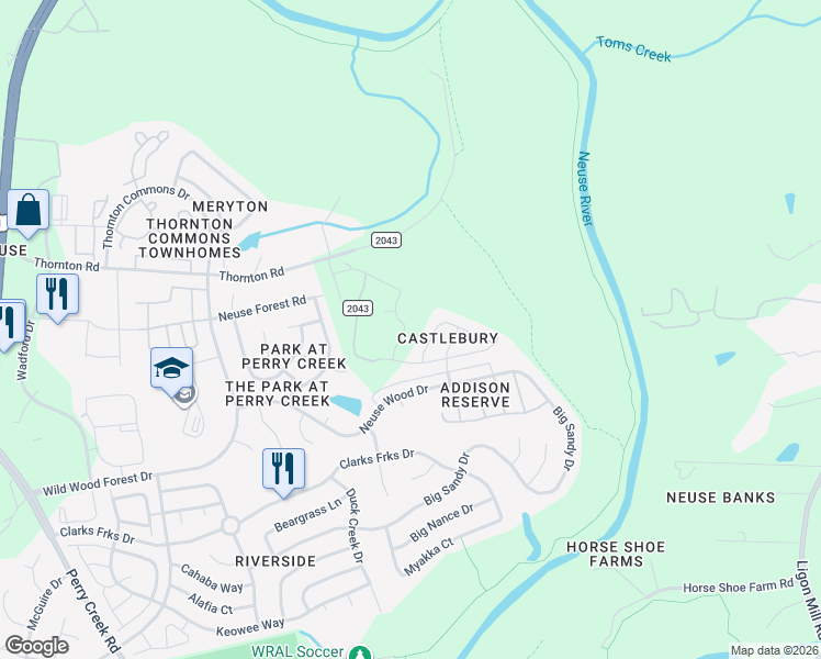 map of restaurants, bars, coffee shops, grocery stores, and more near 5512 Thornton Road in Raleigh