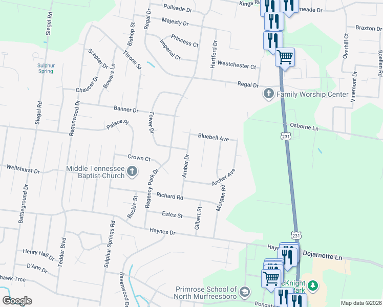 map of restaurants, bars, coffee shops, grocery stores, and more near 2802 Amber Drive in Murfreesboro