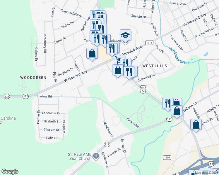 map of restaurants, bars, coffee shops, grocery stores, and more near 200 Hunter Hill Road in Tarboro