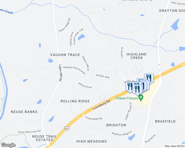 map of restaurants, bars, coffee shops, grocery stores, and more near 8105 Amador Way in Raleigh