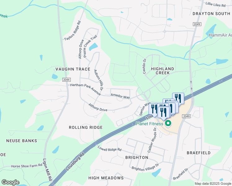 map of restaurants, bars, coffee shops, grocery stores, and more near 8213 Amador Way in Raleigh