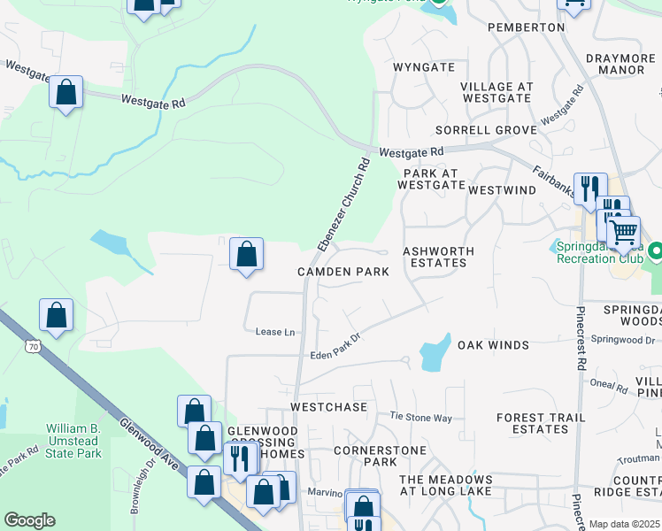 map of restaurants, bars, coffee shops, grocery stores, and more near 8820 Camden Park Drive in Raleigh