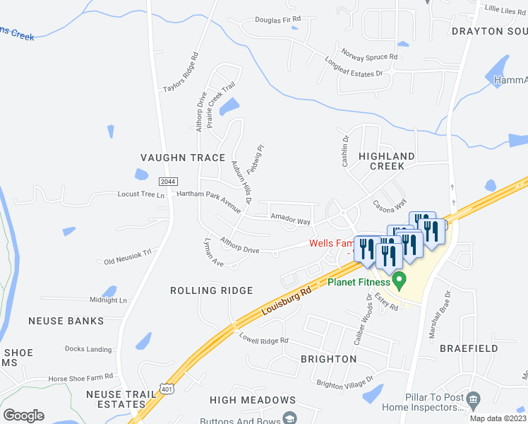 map of restaurants, bars, coffee shops, grocery stores, and more near 8109 Amador Way in Raleigh