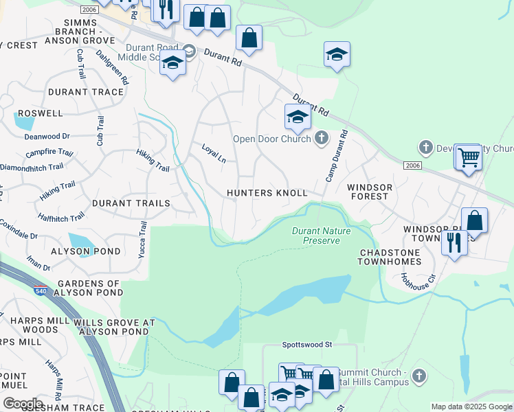 map of restaurants, bars, coffee shops, grocery stores, and more near 8616 Bluff Pointe Court in Raleigh