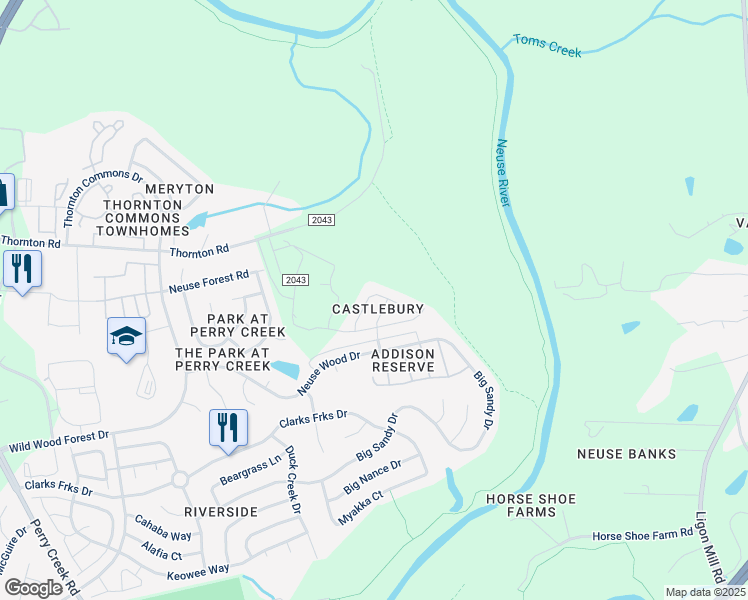 map of restaurants, bars, coffee shops, grocery stores, and more near 8548 Boysenberry Lane in Raleigh