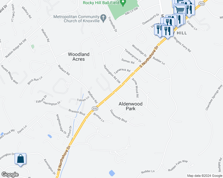 map of restaurants, bars, coffee shops, grocery stores, and more near 1356 Pershing Hill Lane in Knoxville