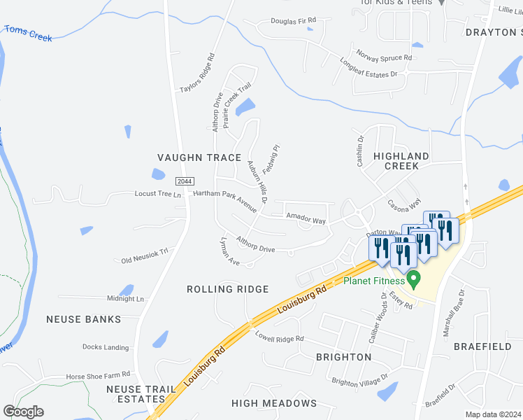 map of restaurants, bars, coffee shops, grocery stores, and more near Auburn Hills Drive in Raleigh