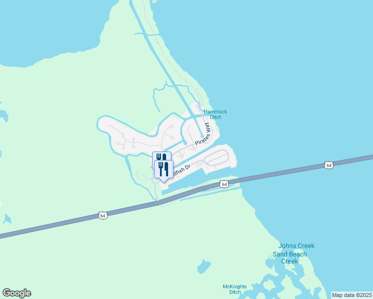 map of restaurants, bars, coffee shops, grocery stores, and more near 531 Pirates Way in Manteo