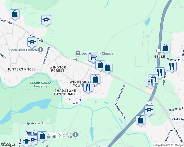 map of restaurants, bars, coffee shops, grocery stores, and more near 9204 Grassington Way in Raleigh