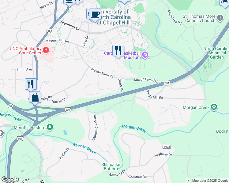 map of restaurants, bars, coffee shops, grocery stores, and more near 413 Gooseneck Road in Chapel Hill