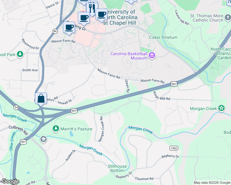 map of restaurants, bars, coffee shops, grocery stores, and more near 413 Gooseneck Road in Chapel Hill