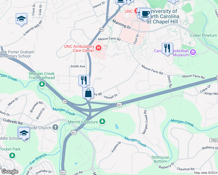 map of restaurants, bars, coffee shops, grocery stores, and more near 204 Purefoy Road in Chapel Hill
