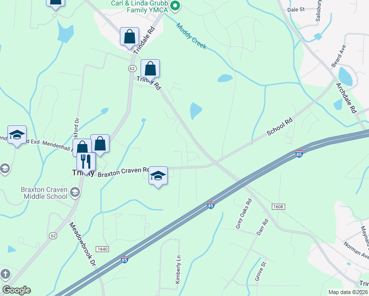 map of restaurants, bars, coffee shops, grocery stores, and more near 5386 Braxton Craven Road in Trinity