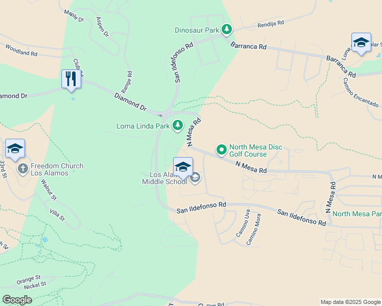 map of restaurants, bars, coffee shops, grocery stores, and more near 1332 La Mirada Circle in Los Alamos