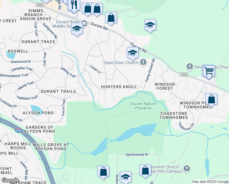 map of restaurants, bars, coffee shops, grocery stores, and more near 8616 Bluff Pointe Court in Raleigh