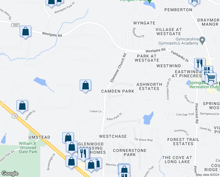 map of restaurants, bars, coffee shops, grocery stores, and more near 8811 Camden Park Drive in Raleigh