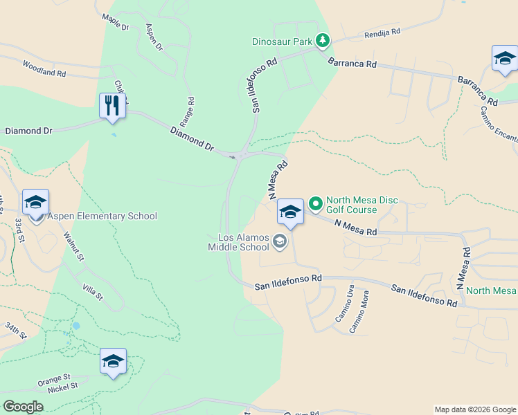 map of restaurants, bars, coffee shops, grocery stores, and more near 2176 La Tierra Road in Los Alamos
