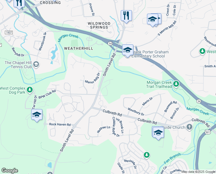 map of restaurants, bars, coffee shops, grocery stores, and more near 303 Smith Level Road in Chapel Hill