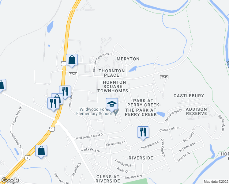 map of restaurants, bars, coffee shops, grocery stores, and more near 8610 Neuse Landing Lane in Raleigh