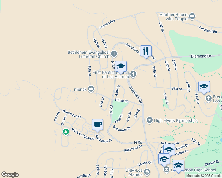 map of restaurants, bars, coffee shops, grocery stores, and more near 2178 45th Street in Los Alamos