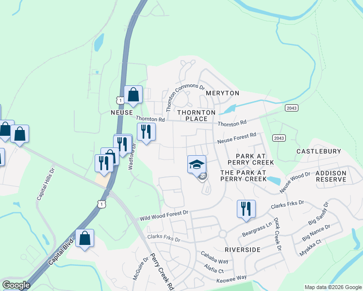 map of restaurants, bars, coffee shops, grocery stores, and more near 8704 Red Canyon Way in Raleigh