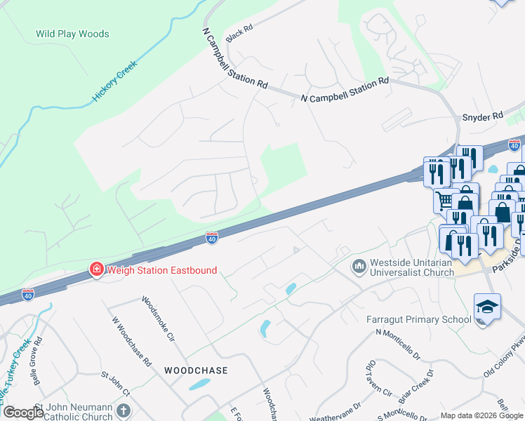 map of restaurants, bars, coffee shops, grocery stores, and more near 12008 Hatmaker Lane in Knoxville