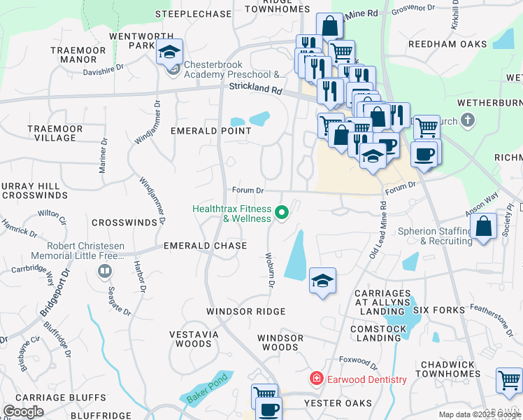 map of restaurants, bars, coffee shops, grocery stores, and more near 8300 Leyburn Court in Raleigh