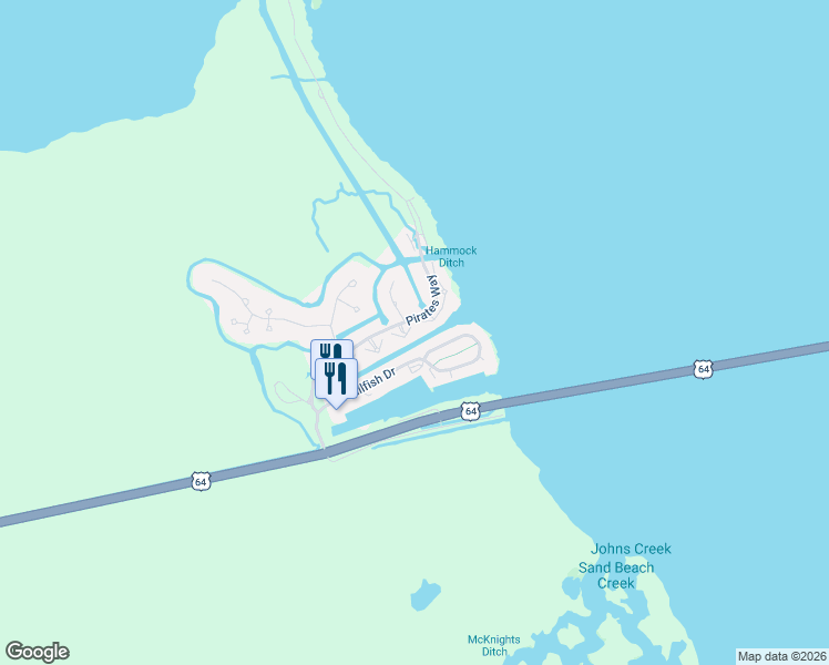 map of restaurants, bars, coffee shops, grocery stores, and more near 733 Pirates Way in Manteo