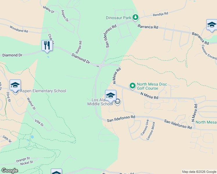 map of restaurants, bars, coffee shops, grocery stores, and more near 2176 La Tierra Road in Los Alamos
