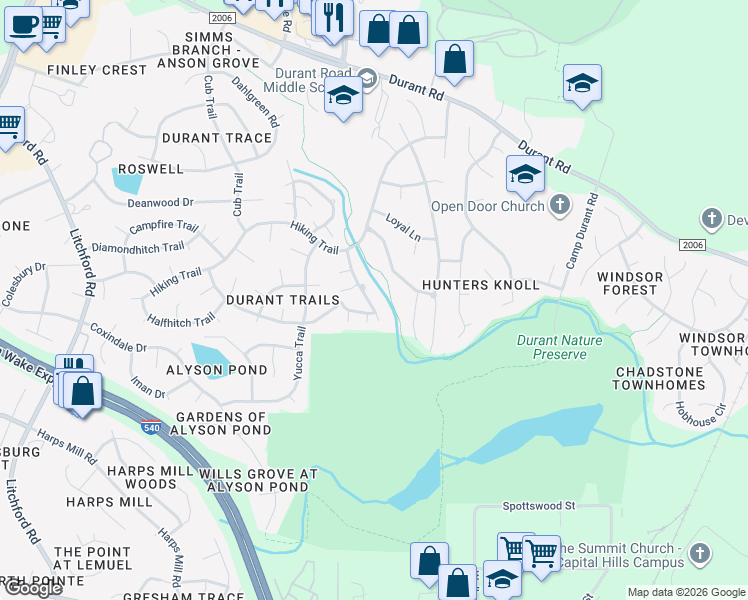 map of restaurants, bars, coffee shops, grocery stores, and more near 8520 Clivedon Drive in Raleigh