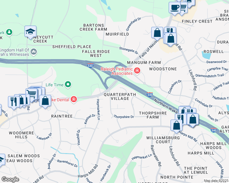 map of restaurants, bars, coffee shops, grocery stores, and more near 1713 Carrington Drive in Raleigh