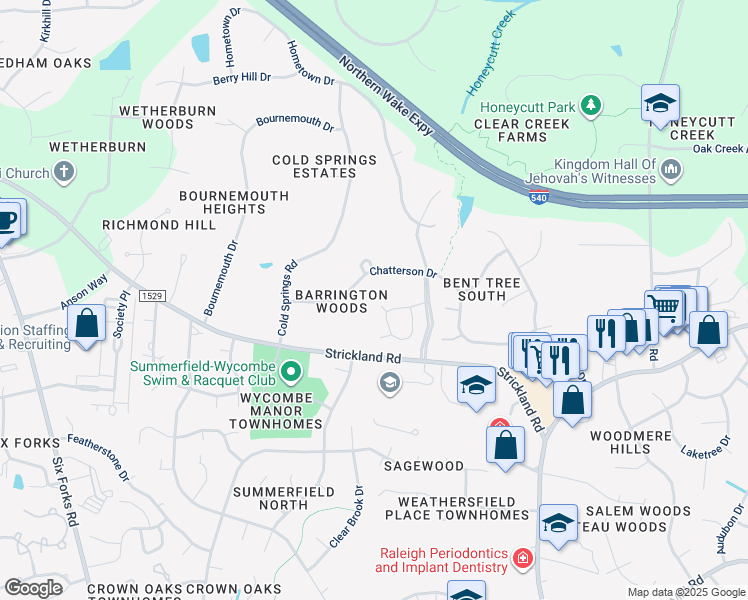 map of restaurants, bars, coffee shops, grocery stores, and more near 201 White Springs Circle in Raleigh
