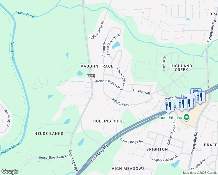 map of restaurants, bars, coffee shops, grocery stores, and more near 3617 Althorp Drive in Raleigh