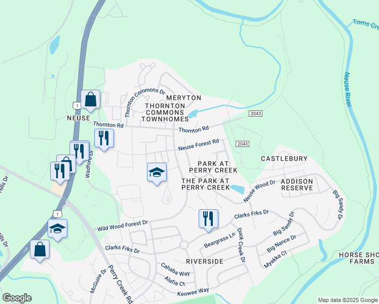 map of restaurants, bars, coffee shops, grocery stores, and more near 8616 Neuse Hunter Drive in Raleigh