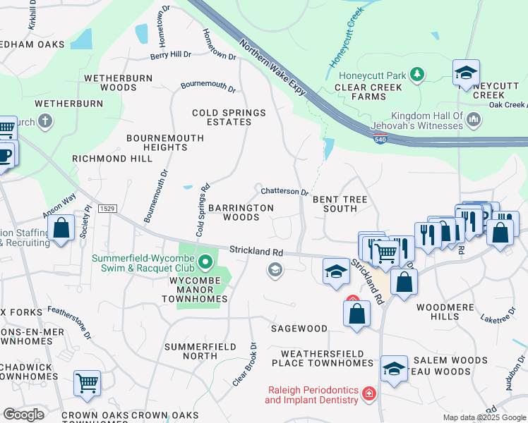 map of restaurants, bars, coffee shops, grocery stores, and more near 201 White Springs Circle in Raleigh