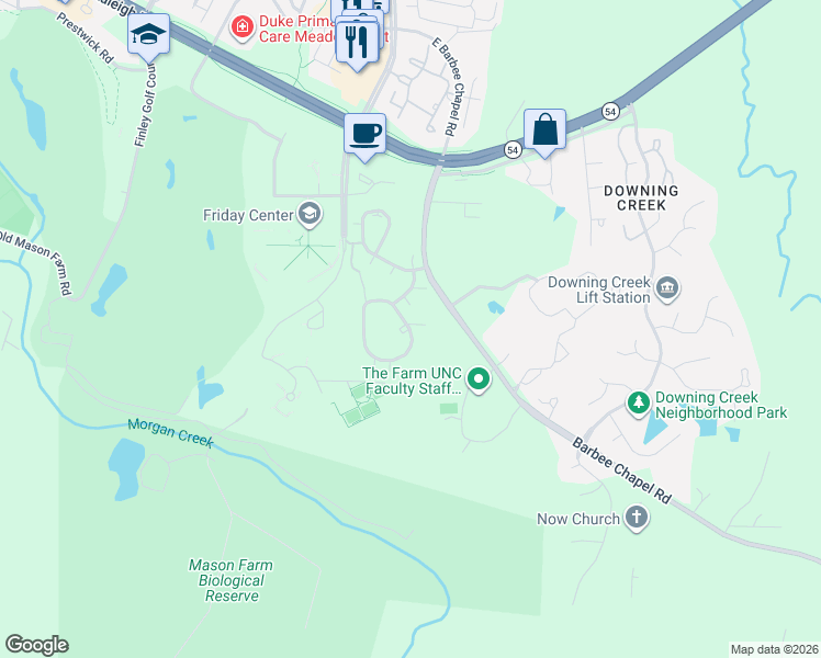 map of restaurants, bars, coffee shops, grocery stores, and more near 477 Summerwalk Circle in Chapel Hill