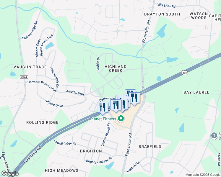 map of restaurants, bars, coffee shops, grocery stores, and more near 2814 Casona Way in Raleigh